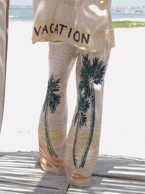 Me369 Beige Palm Tree Print Wide-Leg Beach Pants